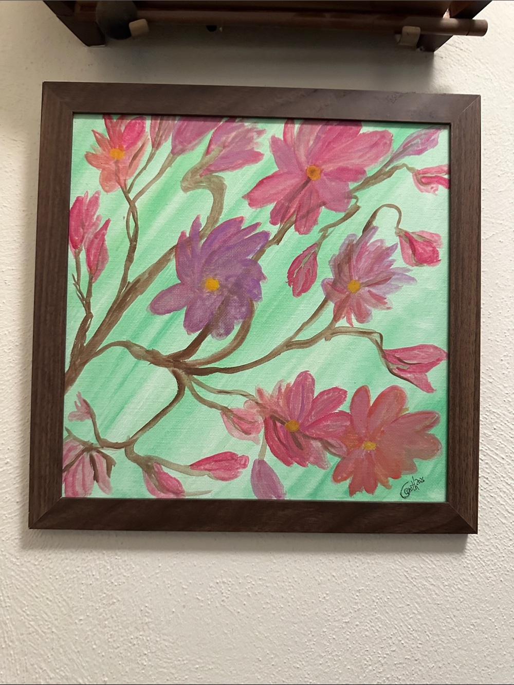 Floral Canvas Painting with Pink & Mint Palette in Wood Frame